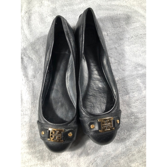 Tory Burch Black Leather Clines Ballet Flats Shoes Slip on Gold Buckle sz 10 1/2 - Picture 4 of 4